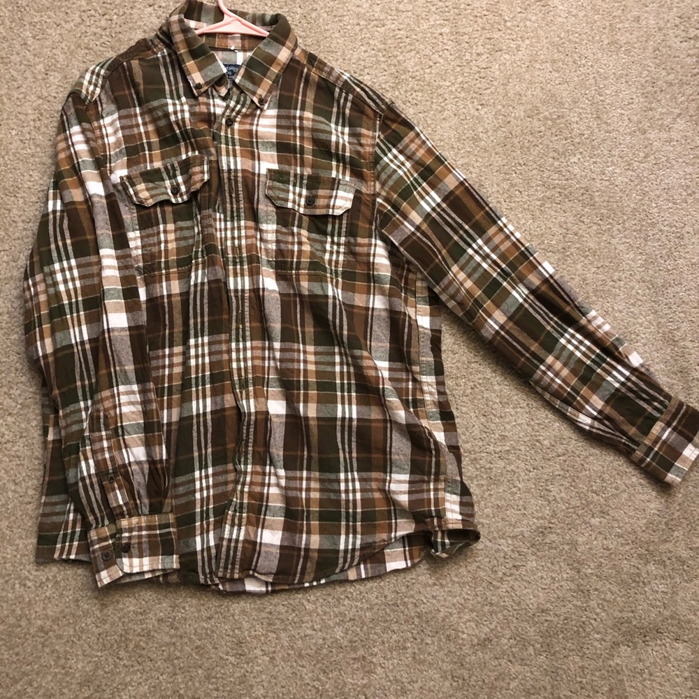 Brown green plaid button up long sleeve.